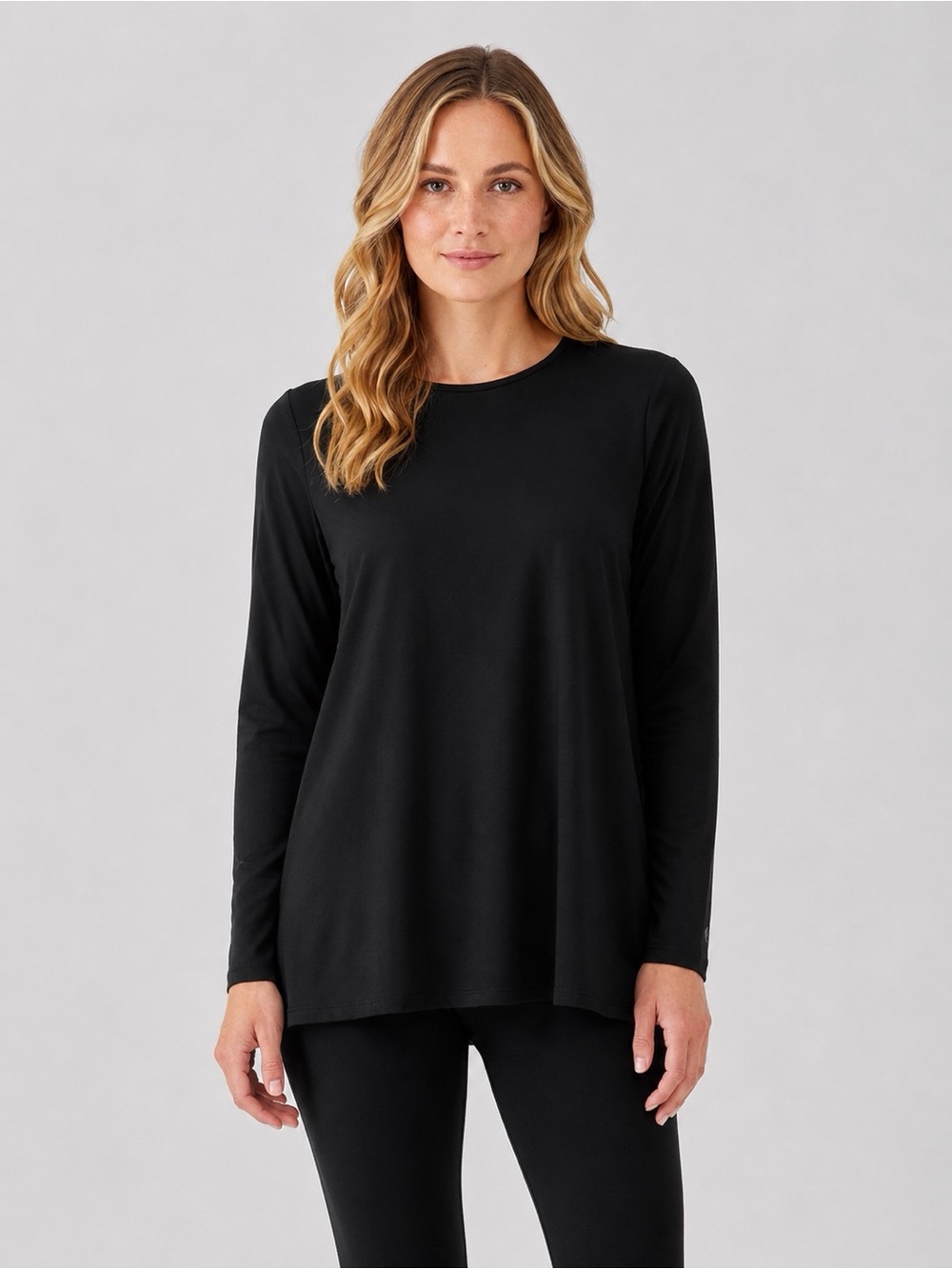 Eileen Fisher NWT Fine Jersey Crew Neck Long Sleeve Black Top Size XXS